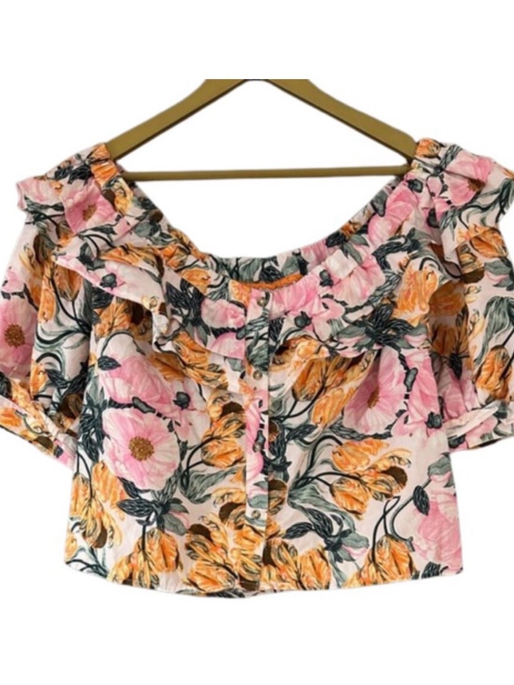 Anthropologie Cecilia Patterson. Pink & Orange Floral Ruffle Off-Shoulder Blouse